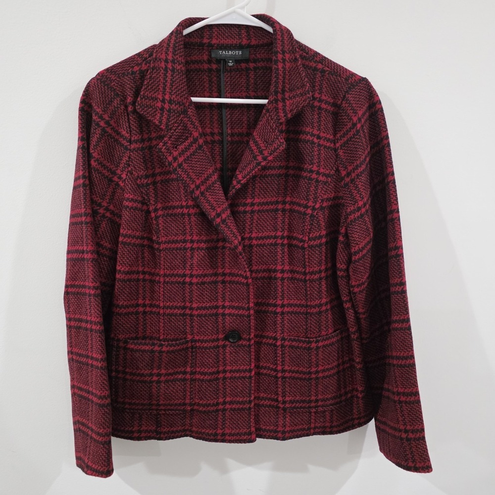 Talbots Womens Plaid Blazer Jacket Sz 12 Red Wool Academia Houndstooth Old Money